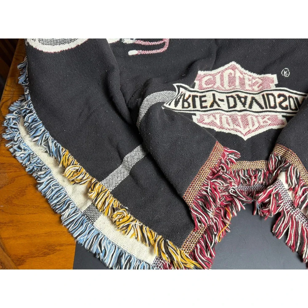 Vintage Harley-Davidson Woven Tapestry Throw Blanket-Motorcycle History Fringe